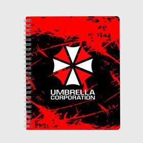 Тетрадь с принтом UMBRELLA CORPORATION в Белгороде, 100% бумага | 48 листов, плотность листов — 60 г/м2, плотность картонной обложки — 250 г/м2. Листы скреплены сбоку удобной пружинной спиралью. Уголки страниц и обложки скругленные. Цвет линий — светло-серый
 | corp | corporation | resident evil | umbrella | umbrella corporation | зомби апокалипсис | зонт | игра