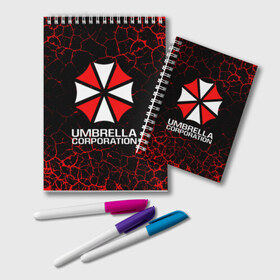 Блокнот с принтом UMBRELLA CORPORATION в Белгороде, 100% бумага | 48 листов, плотность листов — 60 г/м2, плотность картонной обложки — 250 г/м2. Листы скреплены удобной пружинной спиралью. Цвет линий — светло-серый
 | Тематика изображения на принте: corp | corporation | resident evil | umbrella | umbrella corporation | зомби апокалипсис | зонт | игра