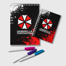 Блокнот с принтом UMBRELLA CORPORATION в Белгороде, 100% бумага | 48 листов, плотность листов — 60 г/м2, плотность картонной обложки — 250 г/м2. Листы скреплены удобной пружинной спиралью. Цвет линий — светло-серый
 | Тематика изображения на принте: corp | corporation | resident evil | umbrella | umbrella corporation | зомби апокалипсис | зонт | игра