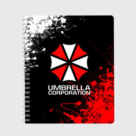 Тетрадь с принтом UMBRELLA CORPORATION в Белгороде, 100% бумага | 48 листов, плотность листов — 60 г/м2, плотность картонной обложки — 250 г/м2. Листы скреплены сбоку удобной пружинной спиралью. Уголки страниц и обложки скругленные. Цвет линий — светло-серый
 | corp | corporation | resident evil | umbrella | umbrella corporation | зомби апокалипсис | зонт | игра