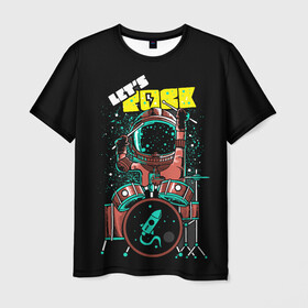 Мужская футболка 3D с принтом Lets Rock в Белгороде, 100% полиэфир | прямой крой, круглый вырез горловины, длина до линии бедер | Тематика изображения на принте: art | astronaut | drummer | drums | rock | rocket | space | арт | астронавт | барабанщик | барабаны | космонавт | космос | ракета | рок