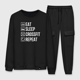 Мужской костюм хлопок с принтом Eat Sleep Crossfit Repeat в Белгороде, 100% хлопок | на свитшоте круглая горловина, мягкая резинка по низу. Брюки заужены к низу, на них два вида карманов: два “обычных” по бокам и два объемных, с клапанами, расположенные ниже линии бедра. Брюки с мягкой трикотажной резинкой на поясе и по низу штанин. В поясе для дополнительного комфорта — широкие завязки | crossfit | кроссфит | кросфит | пауэрлифтинг | спорт | фитнес