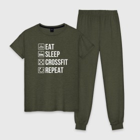 Женская пижама хлопок с принтом Eat. Sleep. Crossfit. Repeat в Белгороде, 100% хлопок | брюки и футболка прямого кроя, без карманов, на брюках мягкая резинка на поясе и по низу штанин | crossfit | кроссфит | кросфит | пауэрлифтинг | спорт | фитнес