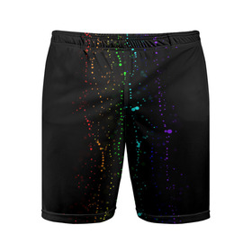 Мужские шорты спортивные с принтом Аркобалено в Белгороде,  |  | Тематика изображения на принте: color | капли | краски | палитра | радуга | темная основа | цвета