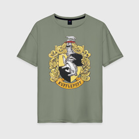 Женская футболка хлопок Oversize с принтом Coat of Hufflepuff в Белгороде, 100% хлопок | свободный крой, круглый ворот, спущенный рукав, длина до линии бедер
 | vdgerir | гарри поттер | гриффиндор | дамблдор | добби | слизерин | хогвартс