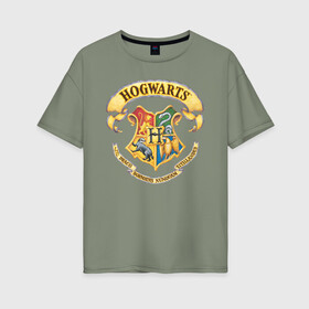 Женская футболка хлопок Oversize с принтом Coat of Hogwarts в Белгороде, 100% хлопок | свободный крой, круглый ворот, спущенный рукав, длина до линии бедер
 | vdgerir | гарри поттер | гриффиндор | дамблдор | добби | слизерин | хогвартс