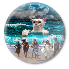 Значок с принтом Морской Кошак в Белгороде,  металл | круглая форма, металлическая застежка в виде булавки | cat | mem | mems | вода | волны | кот | котейка | котик | кошак | кошка | мем | мем с котом | мемы | мемы с котом | мокрый кот | море | морской кот | морской кошак | облака | океан | прикол | приколы | тучи | шторм