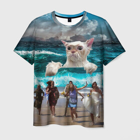 Мужская футболка 3D с принтом Морской Кошак в Белгороде, 100% полиэфир | прямой крой, круглый вырез горловины, длина до линии бедер | cat | mem | mems | вода | волны | кот | котейка | котик | кошак | кошка | мем | мем с котом | мемы | мемы с котом | мокрый кот | море | морской кот | морской кошак | облака | океан | прикол | приколы | тучи | шторм