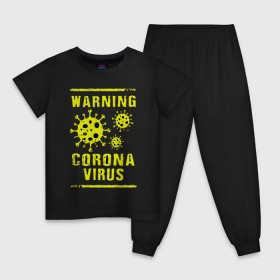 Детская пижама хлопок с принтом Warning Corona Virus в Белгороде, 100% хлопок |  брюки и футболка прямого кроя, без карманов, на брюках мягкая резинка на поясе и по низу штанин
 | Тематика изображения на принте: 2019 | 2019 ncov | 2020 | corona | coronavirus | market | ncov | pneumonia | seafood | virus | warning | wuhan | вирус | внимание | китай | коронавирус | осторожно | ухань | уханьский коронавирус | штамм