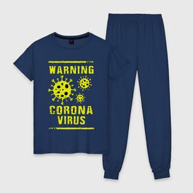 Женская пижама хлопок с принтом Warning Corona Virus в Белгороде, 100% хлопок | брюки и футболка прямого кроя, без карманов, на брюках мягкая резинка на поясе и по низу штанин | 2019 | 2019 ncov | 2020 | corona | coronavirus | market | ncov | pneumonia | seafood | virus | warning | wuhan | вирус | внимание | китай | коронавирус | осторожно | ухань | уханьский коронавирус | штамм