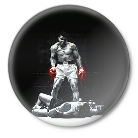 Значок с принтом Muhammad Ali в Белгороде,  металл | круглая форма, металлическая застежка в виде булавки | Тематика изображения на принте: ali | muhammad ali | the greatest | али | бокс | мухамед али | мухаммед али