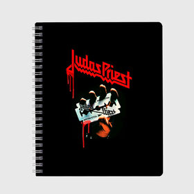 Тетрадь с принтом Judas Priest в Белгороде, 100% бумага | 48 листов, плотность листов — 60 г/м2, плотность картонной обложки — 250 г/м2. Листы скреплены сбоку удобной пружинной спиралью. Уголки страниц и обложки скругленные. Цвет линий — светло-серый
 | Тематика изображения на принте: judas | priest | грув метал | группа | рок | хард рок | хеви метал