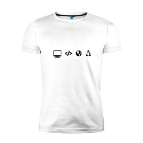 Мужская футболка премиум с принтом LINUX в Белгороде, 92% хлопок, 8% лайкра | приталенный силуэт, круглый вырез ворота, длина до линии бедра, короткий рукав | код | пингвин | планета земля | программист | разработчик | эволюция