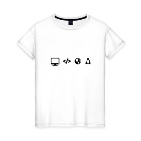 Женская футболка хлопок с принтом LINUX в Белгороде, 100% хлопок | прямой крой, круглый вырез горловины, длина до линии бедер, слегка спущенное плечо | код | пингвин | планета земля | программист | разработчик | эволюция