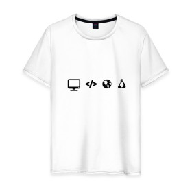 Мужская футболка хлопок с принтом LINUX в Белгороде, 100% хлопок | прямой крой, круглый вырез горловины, длина до линии бедер, слегка спущенное плечо. | код | пингвин | планета земля | программист | разработчик | эволюция