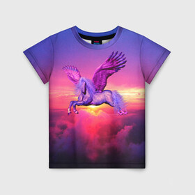 Детская футболка 3D с принтом Dusk Sky Horse в Белгороде, 100% гипоаллергенный полиэфир | прямой крой, круглый вырез горловины, длина до линии бедер, чуть спущенное плечо, ткань немного тянется | высота | закат | конь | крылья | легенды | летать | летающий | лошадь | мистический | мифология | мифы | небесный | небо | облака | облач | пегас | плед | подушка | полет | пурпурный | сумерки | сумка