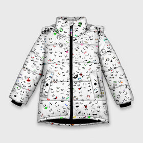 Зимняя куртка для девочек 3D с принтом Rolbox лица в Белгороде, ткань верха — 100% полиэстер; подклад — 100% полиэстер, утеплитель — 100% полиэстер. | длина ниже бедра, удлиненная спинка, воротник стойка и отстегивающийся капюшон. Есть боковые карманы с листочкой на кнопках, утяжки по низу изделия и внутренний карман на молнии. 

Предусмотрены светоотражающий принт на спинке, радужный светоотражающий элемент на пуллере молнии и на резинке для утяжки. | face | игра | лицо | паттерн | персонажи | ролбокс