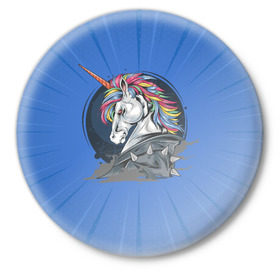 Значок с принтом Единорог Rock в Белгороде,  металл | круглая форма, металлическая застежка в виде булавки | rock | единорог | единорог рокер | кожанка | конь | лошадь | многоцветный | радуга | рог | рок | шипы
