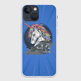 Чехол для iPhone 13 mini с принтом Единорог Rock в Белгороде,  |  | Тематика изображения на принте: rock | единорог | единорог рокер | кожанка | конь | лошадь | многоцветный | радуга | рог | рок | шипы