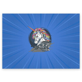 Поздравительная открытка с принтом Единорог Rock в Белгороде, 100% бумага | плотность бумаги 280 г/м2, матовая, на обратной стороне линовка и место для марки
 | rock | единорог | единорог рокер | кожанка | конь | лошадь | многоцветный | радуга | рог | рок | шипы
