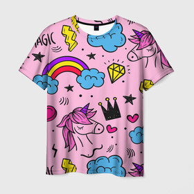 Мужская футболка 3D с принтом Единороги в Белгороде, 100% полиэфир | прямой крой, круглый вырез горловины, длина до линии бедер | pink | единорог | единорожки | звезда | корона | лето | лошадка | лошадь | надпись | облака | радуга | радужный | сердечки | символы