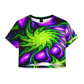 Женская футболка Crop-top 3D с принтом NEON&ACID в Белгороде, 100% полиэстер | круглая горловина, длина футболки до линии талии, рукава с отворотами | Тематика изображения на принте: abstract | abstraction | color | fractal | geometry | paitnt | polygon | polygonal | psy | абстракция | геометрия | краски | неоновые | полигоны | психоделика | фрактал