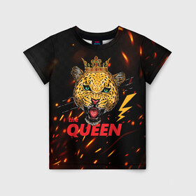 Детская футболка 3D с принтом the Queen в Белгороде, 100% гипоаллергенный полиэфир | прямой крой, круглый вырез горловины, длина до линии бедер, чуть спущенное плечо, ткань немного тянется | queen | большая кошка | королева | корона | кошка | леопард | львица | молния