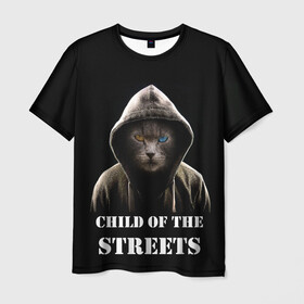 Мужская футболка 3D с принтом Дитя улиц в Белгороде, 100% полиэфир | прямой крой, круглый вырез горловины, длина до линии бедер | cat | gangster | балахон | глаза | дитя улиц | кот | котик | крутой | крутой принт | принт | с надписью | топ | тренд