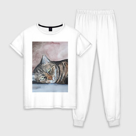 Женская пижама хлопок с принтом Барсик в Белгороде, 100% хлопок | брюки и футболка прямого кроя, без карманов, на брюках мягкая резинка на поясе и по низу штанин | полосатый кот. рисунок акварелью