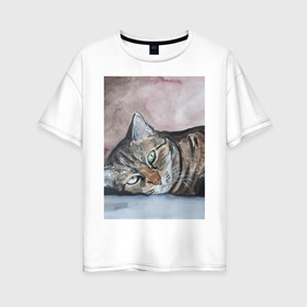 Женская футболка хлопок Oversize с принтом Барсик в Белгороде, 100% хлопок | свободный крой, круглый ворот, спущенный рукав, длина до линии бедер
 | полосатый кот. рисунок акварелью