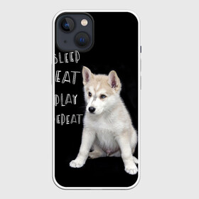 Чехол для iPhone 13 с принтом Sleep Eat Play Repeat (Хаски) в Белгороде,  |  | dog | husky | puppy | siberian husky | sleep eat play repeat | белая собака | белый щенок | ездовая собака | кружка | лайка | лайка щенок | подушка | сибирский хаски | собака | собачья жизнь | сумка | термокружка | фартук