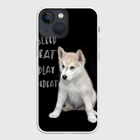 Чехол для iPhone 13 mini с принтом Sleep Eat Play Repeat (Хаски) в Белгороде,  |  | dog | husky | puppy | siberian husky | sleep eat play repeat | белая собака | белый щенок | ездовая собака | кружка | лайка | лайка щенок | подушка | сибирский хаски | собака | собачья жизнь | сумка | термокружка | фартук