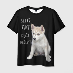 Мужская футболка 3D с принтом Sleep Eat Play Repeat (Хаски) в Белгороде, 100% полиэфир | прямой крой, круглый вырез горловины, длина до линии бедер | Тематика изображения на принте: dog | husky | puppy | siberian husky | sleep eat play repeat | белая собака | белый щенок | ездовая собака | кружка | лайка | лайка щенок | подушка | сибирский хаски | собака | собачья жизнь | сумка | термокружка | фартук