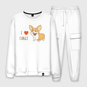 Мужской костюм хлопок с принтом I LOVE CORGI в Белгороде, 100% хлопок | на свитшоте круглая горловина, мягкая резинка по низу. Брюки заужены к низу, на них два вида карманов: два “обычных” по бокам и два объемных, с клапанами, расположенные ниже линии бедра. Брюки с мягкой трикотажной резинкой на поясе и по низу штанин. В поясе для дополнительного комфорта — широкие завязки | Тематика изображения на принте: animals | corgi | dogs | pets | puppies | queen | животные | корги | королева | песики | питомцы | собаки | щенки