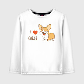 Детский лонгслив хлопок с принтом I LOVE CORGI в Белгороде, 100% хлопок | круглый вырез горловины, полуприлегающий силуэт, длина до линии бедер | Тематика изображения на принте: animals | corgi | dogs | pets | puppies | queen | животные | корги | королева | песики | питомцы | собаки | щенки