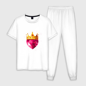 Мужская пижама хлопок с принтом Сердце с короной в Белгороде, 100% хлопок | брюки и футболка прямого кроя, без карманов, на брюках мягкая резинка на поясе и по низу штанин
 | блеск | золото | корона | розовый | рубин | сердце