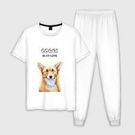 Мужская пижама хлопок с принтом Corgi is my Love в Белгороде, 100% хлопок | брюки и футболка прямого кроя, без карманов, на брюках мягкая резинка на поясе и по низу штанин
 | Тематика изображения на принте: corgi | corgi is my love | корги | собака