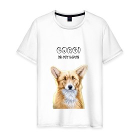 Мужская футболка хлопок с принтом Corgi is my Love в Белгороде, 100% хлопок | прямой крой, круглый вырез горловины, длина до линии бедер, слегка спущенное плечо. | Тематика изображения на принте: corgi | corgi is my love | корги | собака