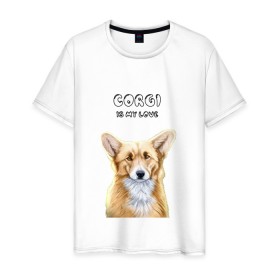 Мужская футболка хлопок с принтом Corgi is my Love в Белгороде, 100% хлопок | прямой крой, круглый вырез горловины, длина до линии бедер, слегка спущенное плечо. | corgi | corgi is my love | корги | собака