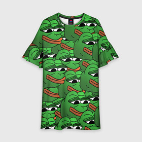 Детское платье 3D с принтом Pepe The Frog в Белгороде, 100% полиэстер | прямой силуэт, чуть расширенный к низу. Круглая горловина, на рукавах — воланы | Тематика изображения на принте: frog | meme | memes | pepe | pepe the frog | грустная жабка | лягушка | лягушонок пепе | мем | мемы