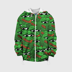 Детская куртка 3D с принтом Pepe The Frog в Белгороде, 100% полиэстер | застежка — молния, подол и капюшон оформлены резинкой с фиксаторами, по бокам — два кармана без застежек, один потайной карман на груди, плотность верхнего слоя — 90 г/м2; плотность флисового подклада — 260 г/м2 | Тематика изображения на принте: frog | meme | memes | pepe | pepe the frog | грустная жабка | лягушка | лягушонок пепе | мем | мемы