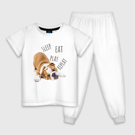 Детская пижама хлопок с принтом Sleep Eat Play Repeat (Бульдог) в Белгороде, 100% хлопок |  брюки и футболка прямого кроя, без карманов, на брюках мягкая резинка на поясе и по низу штанин
 | Тематика изображения на принте: bulldog | dog | puppy | sleep eat play repeat | английский бульдог | бульдог | бульдог английский | веселая собака | веселый щенок | игривый щенок | мысли с | мысли щенка | рыжая собака | рыжий щенок | собачья жизнь