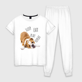 Женская пижама хлопок с принтом Sleep Eat Play Repeat (Бульдог) в Белгороде, 100% хлопок | брюки и футболка прямого кроя, без карманов, на брюках мягкая резинка на поясе и по низу штанин | bulldog | dog | puppy | sleep eat play repeat | английский бульдог | бульдог | бульдог английский | веселая собака | веселый щенок | игривый щенок | мысли с | мысли щенка | рыжая собака | рыжий щенок | собачья жизнь