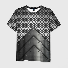 Мужская футболка 3D с принтом Броня металлическая в Белгороде, 100% полиэфир | прямой крой, круглый вырез горловины, длина до линии бедер | абстракция | броня | геометрия | железо | кольчуга | конус | круги | линии | металл | полосы | сетка | сталь | текстура | треугольник