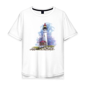 Мужская футболка хлопок Oversize с принтом Crisp Point Lighthouse в Белгороде, 100% хлопок | свободный крой, круглый ворот, “спинка” длиннее передней части | Тематика изображения на принте: art | katie batz | lighthouse | достопримечательности | маяк | море | отдых | пляж | туристы