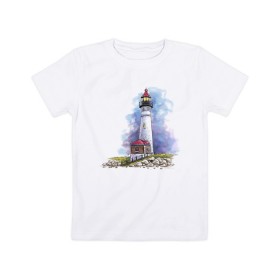 Детская футболка хлопок с принтом Crisp Point Lighthouse в Белгороде, 100% хлопок | круглый вырез горловины, полуприлегающий силуэт, длина до линии бедер | Тематика изображения на принте: art | katie batz | lighthouse | достопримечательности | маяк | море | отдых | пляж | туристы