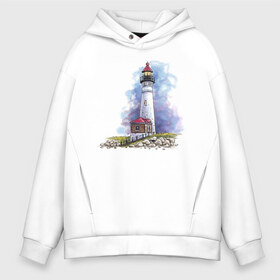 Мужское худи Oversize хлопок с принтом Crisp Point Lighthouse в Белгороде, френч-терри — 70% хлопок, 30% полиэстер. Мягкий теплый начес внутри —100% хлопок | боковые карманы, эластичные манжеты и нижняя кромка, капюшон на магнитной кнопке | art | katie batz | lighthouse | достопримечательности | маяк | море | отдых | пляж | туристы