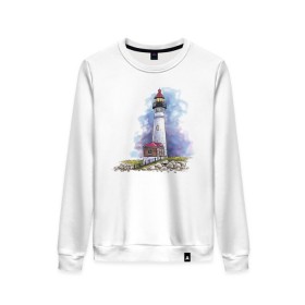 Женский свитшот хлопок с принтом Crisp Point Lighthouse в Белгороде, 100% хлопок | прямой крой, круглый вырез, на манжетах и по низу широкая трикотажная резинка  | art | katie batz | lighthouse | достопримечательности | маяк | море | отдых | пляж | туристы