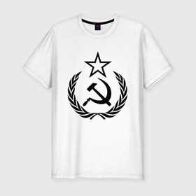 Мужская футболка хлопок Slim с принтом СССР в Белгороде, 92% хлопок, 8% лайкра | приталенный силуэт, круглый вырез ворота, длина до линии бедра, короткий рукав | венки | венок | герб | гербы | звезда | звёзды | коммунизм | коммунист | коммунисты | молот | молоты | серп | серпы | символ | символы | советский союз | ссср