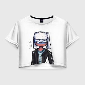 Женская футболка Crop-top 3D с принтом CountryHumans - Россия в Белгороде, 100% полиэстер | круглая горловина, длина футболки до линии талии, рукава с отворотами | Тематика изображения на принте: 23 | army | country | countryhumans | humans | memes | patriot | russia | армия | звезда | красная | мем | патриот | россия | страна | тельняшка | флаг | человечек | шапка